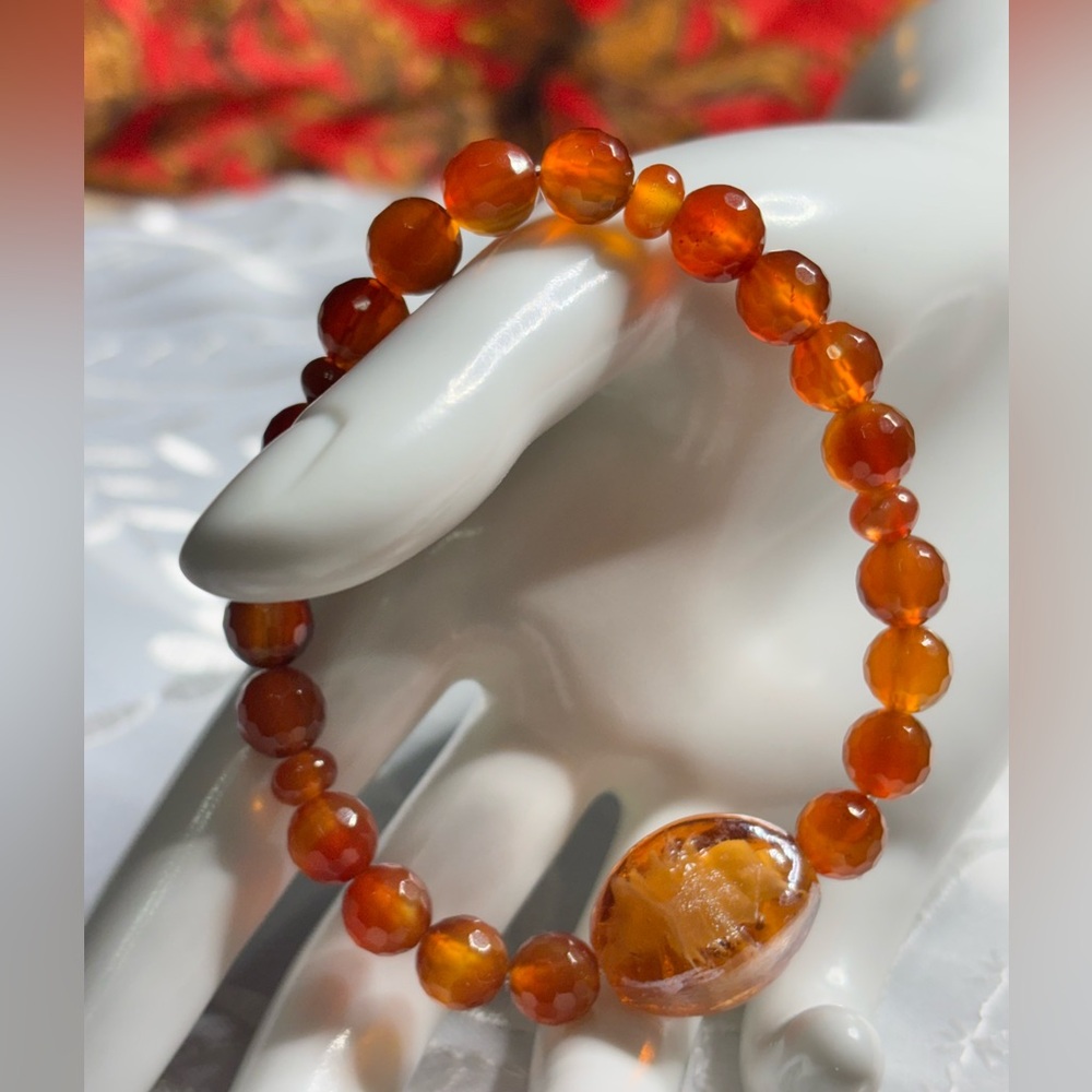 Handmade Carnelian Orange Beaded Stretch Bracelet with Orange Lamp work Focal - Picture 7 of 7